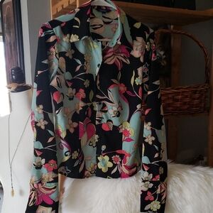 Floral Women's Blouse - Black and Multicolor sz s/p